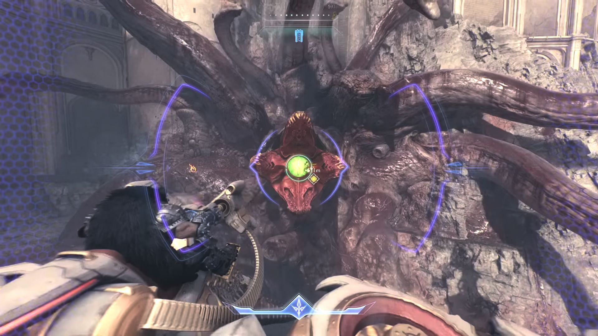 A flower-headed demon blocking the path in the Holy City of Aratum (Image via Sportskeeda Gaming || Bethesda Softworks)